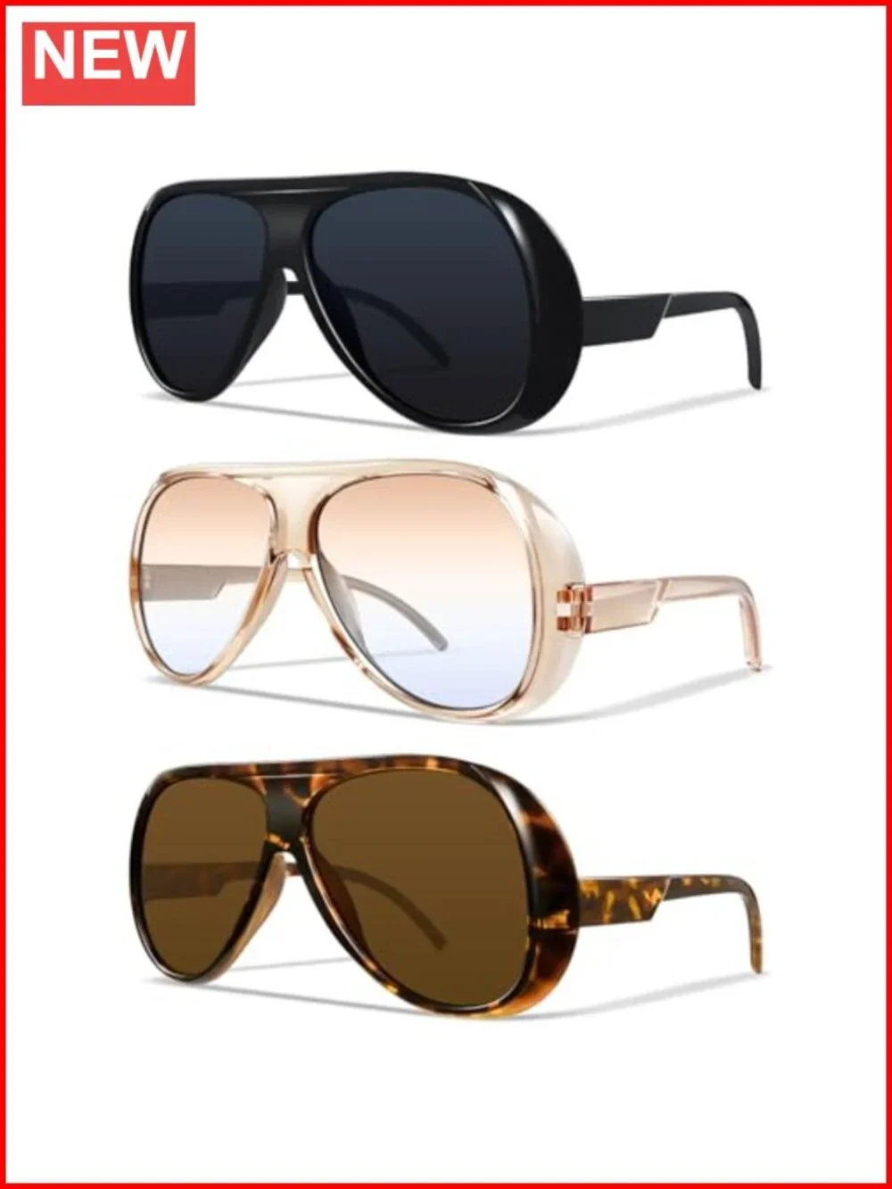 3-Pack Oversized Aviator Sunglasses with UV Protection Tangle-Free Frame